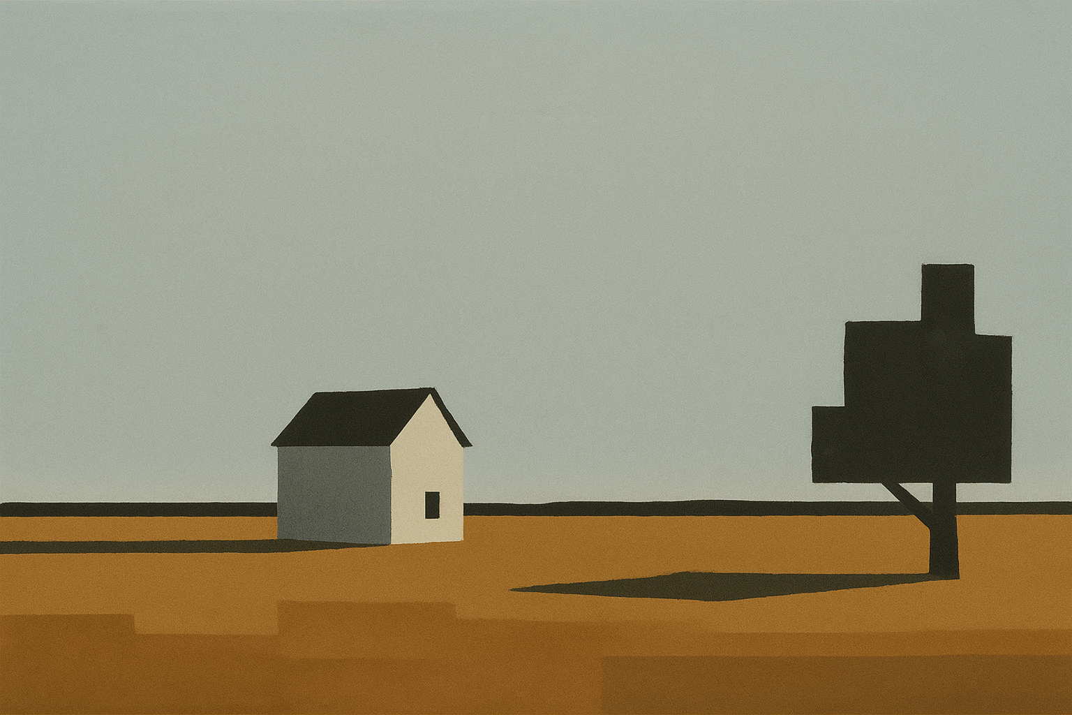 Minimalist landscape with a house and tree on a plain background